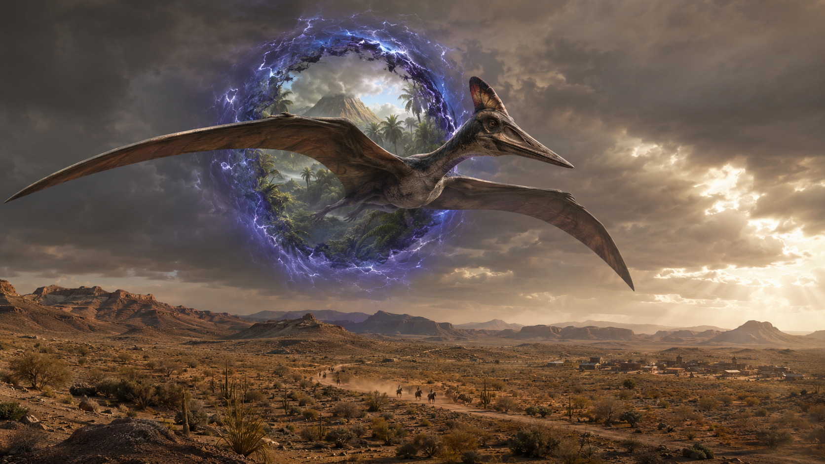 Representación artística de un pterosaurio emergiendo de un portal temporal sobre el desierto de Arizona